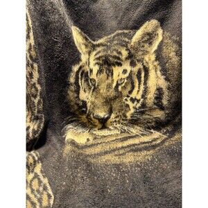 Vintage Biederlack Blanket Tan Brown Tiger Cat USA Made Nature Animals 54x77 80s